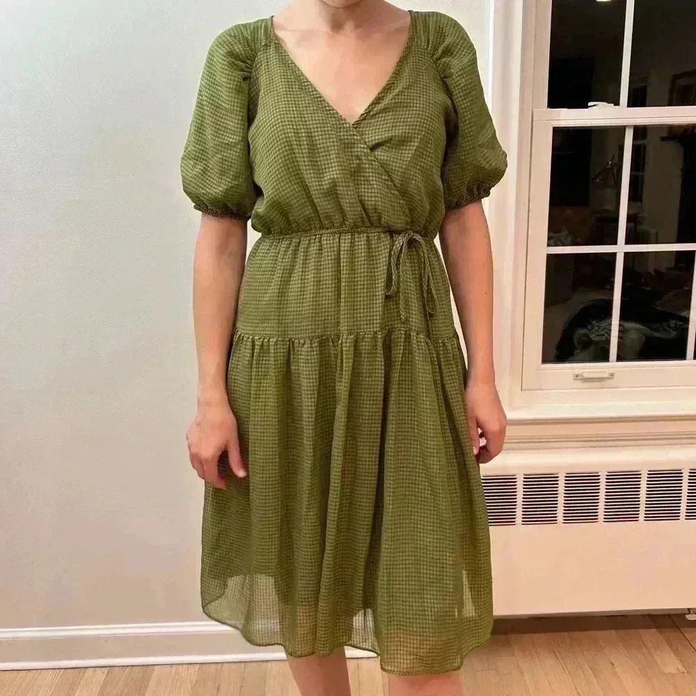 Moon River Tiered Puff Sleeve Gingham Green Sun Dress M Crew Ivy City Wedding